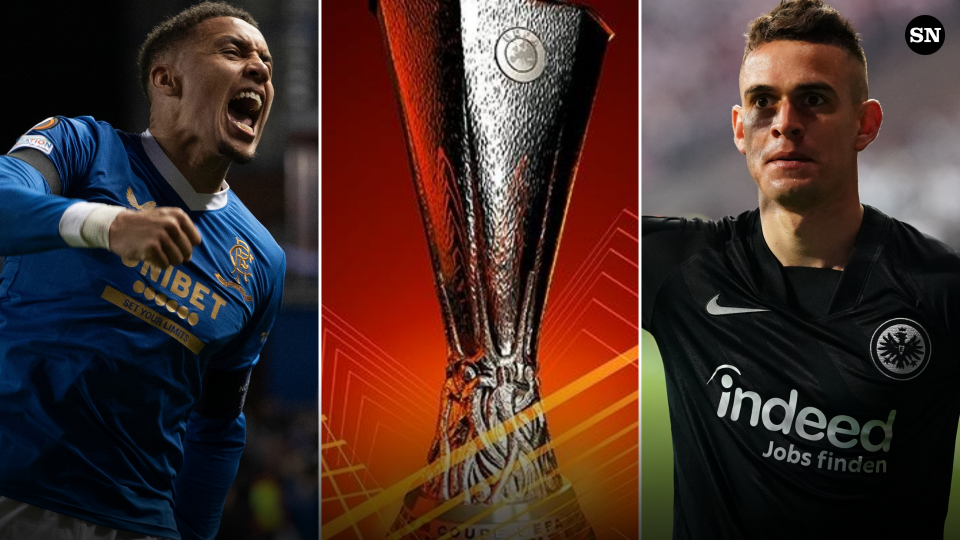 Una imagen compuesta que muestra a James Tavernier de los Rangers (izquierda) el trofeo de la Europa League y Rafael Santos Borre de Eintracht Frankfurt